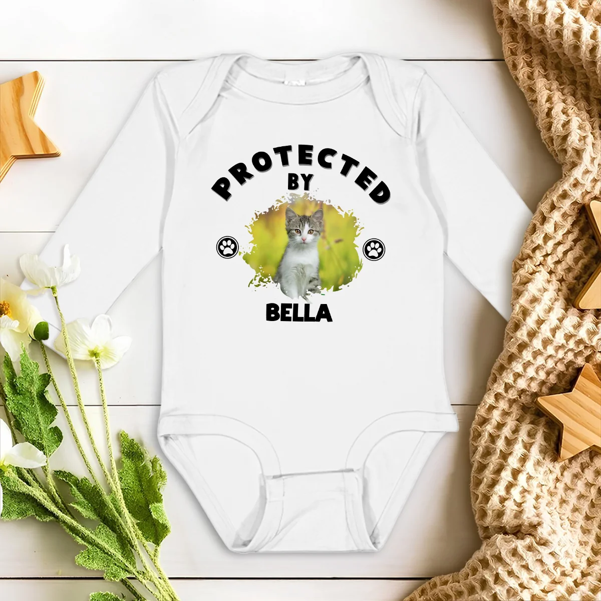 Human Protected By Cats Photo - Personalized Custom Long Sleeve Baby Onesie - Image 2
