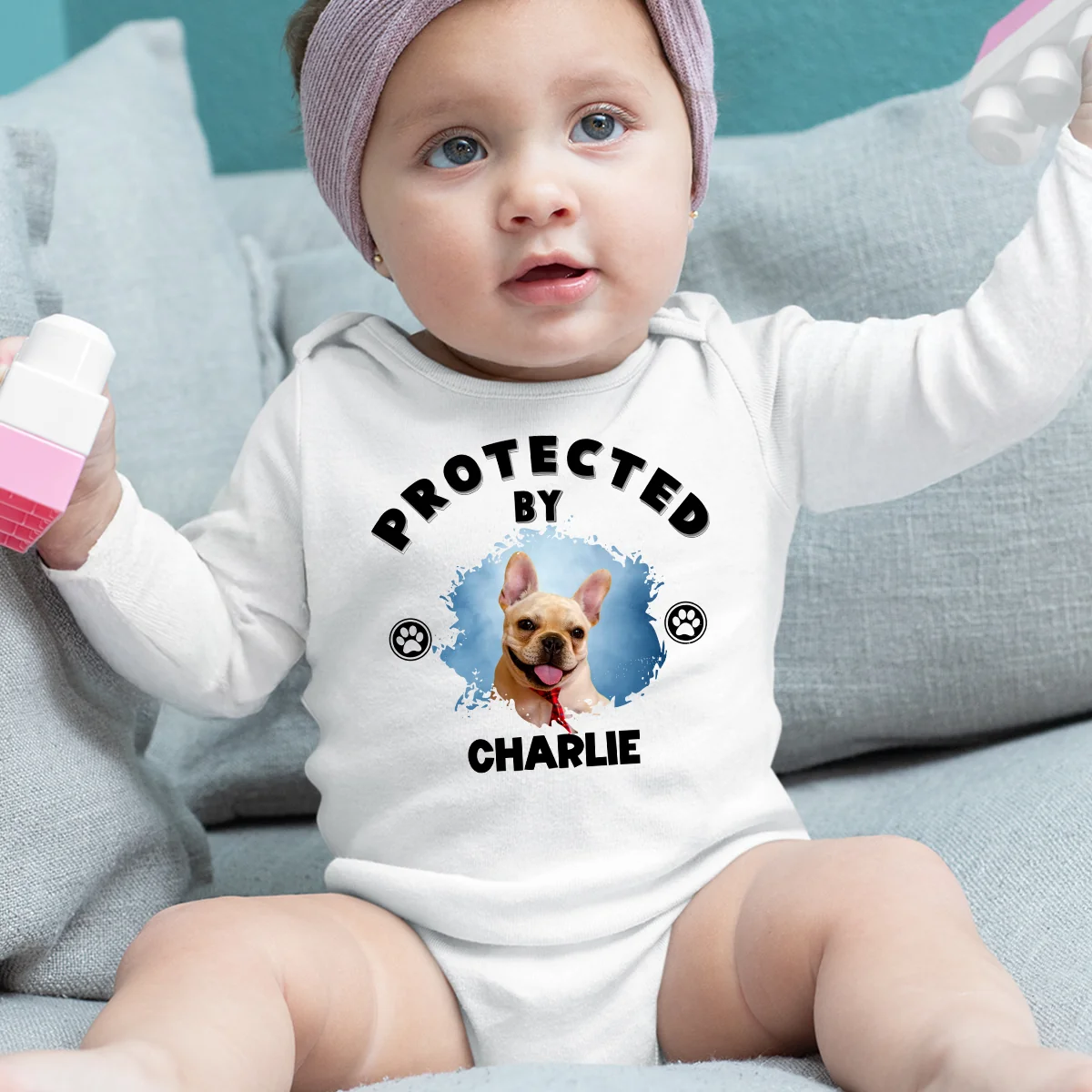 Human Protected By Dogs Ver Christmas Photo - Personalized Custom Long Sleeve Baby Onesie - Image 4