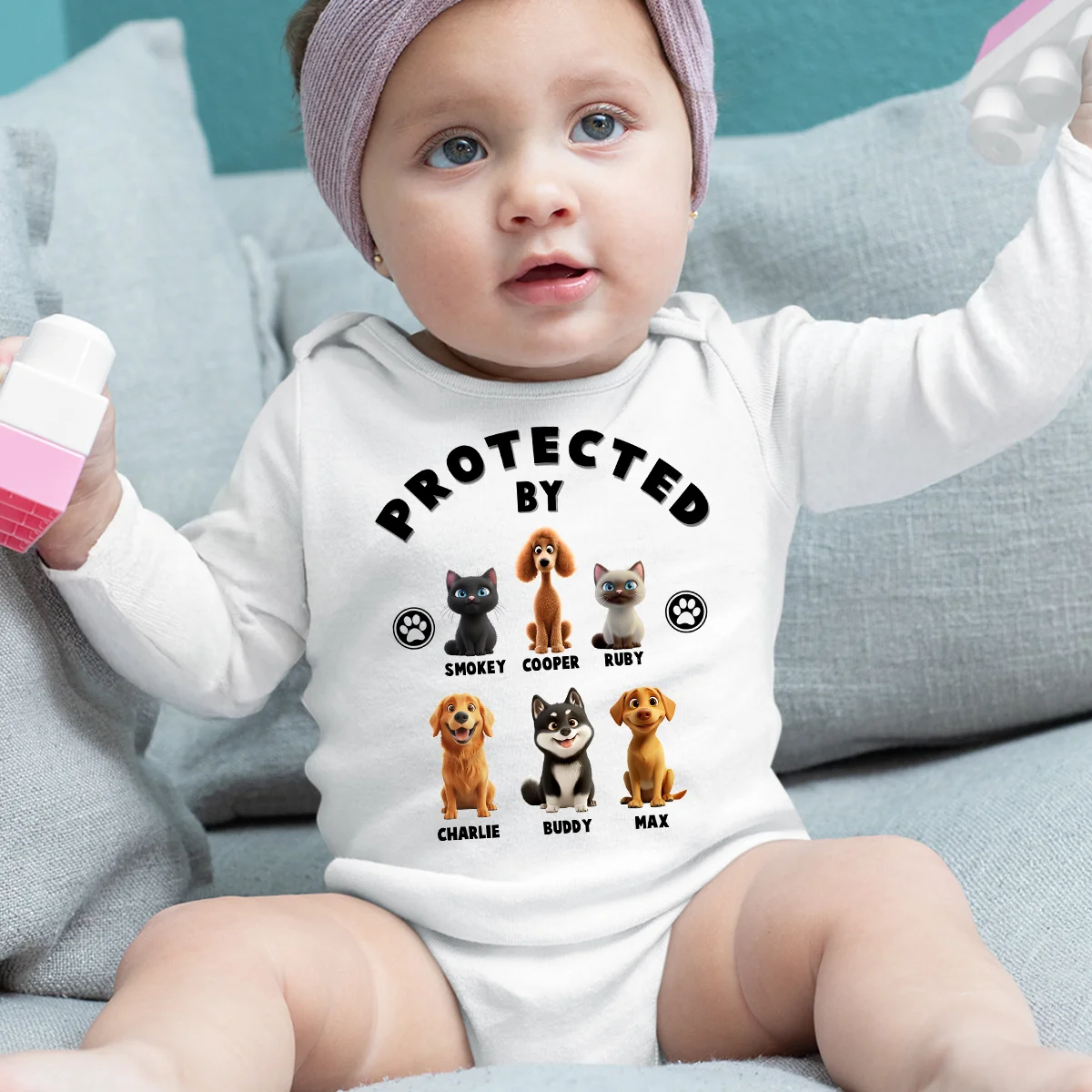 Human Protected By Pets - Personalized Custom Long Sleeve Baby Onesie - Image 5