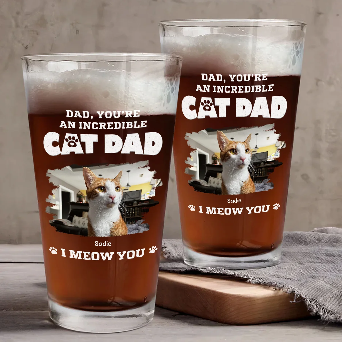 Incredible Cat Dad Photo - Personalized Custom Beer Glass - Image 4
