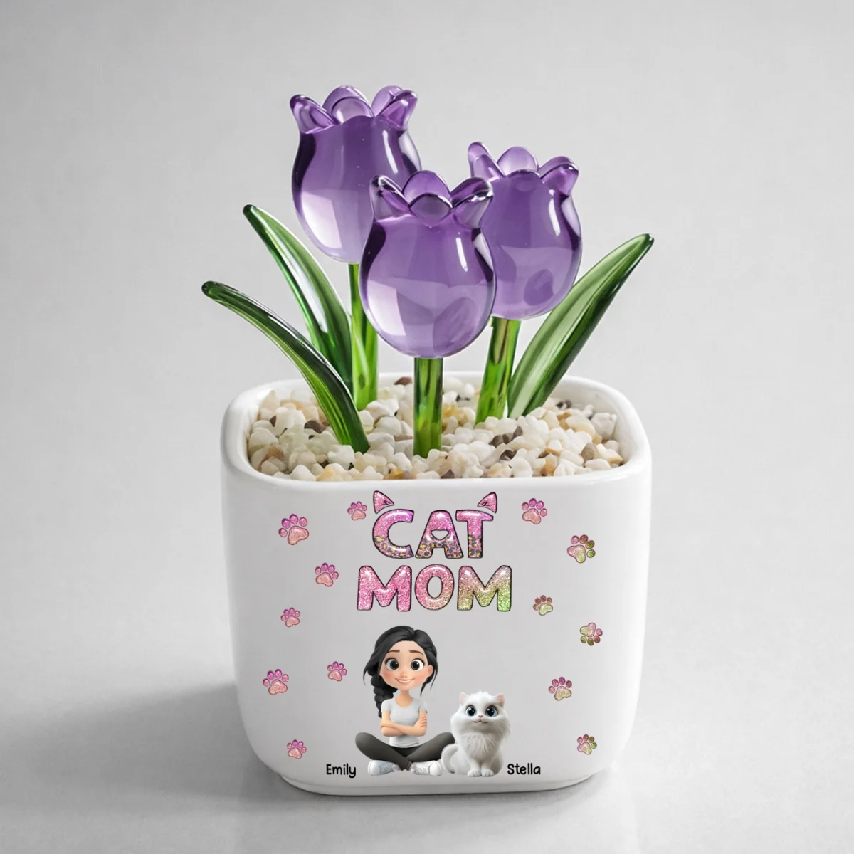 Lovely Cat Mom - Personalized Custom Glass Everlasting Tulips - Image 11