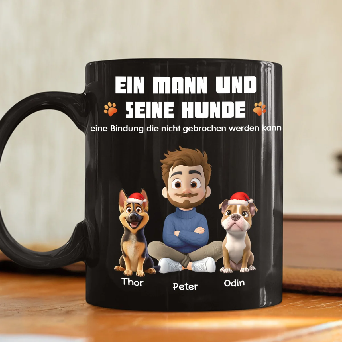 Mensch und sein Hund Cartoon Weihnachten – Personalisierte Kaffeetasse - Image 3