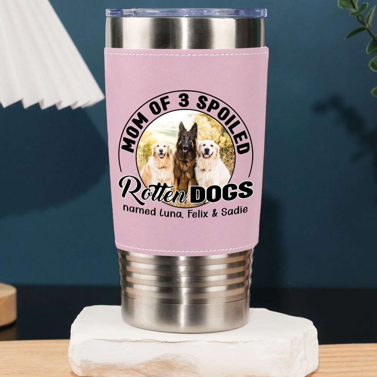Mom Of A Spoiled Rotten Dog Photo - Personalized Custom Pink Leather Tumbler
