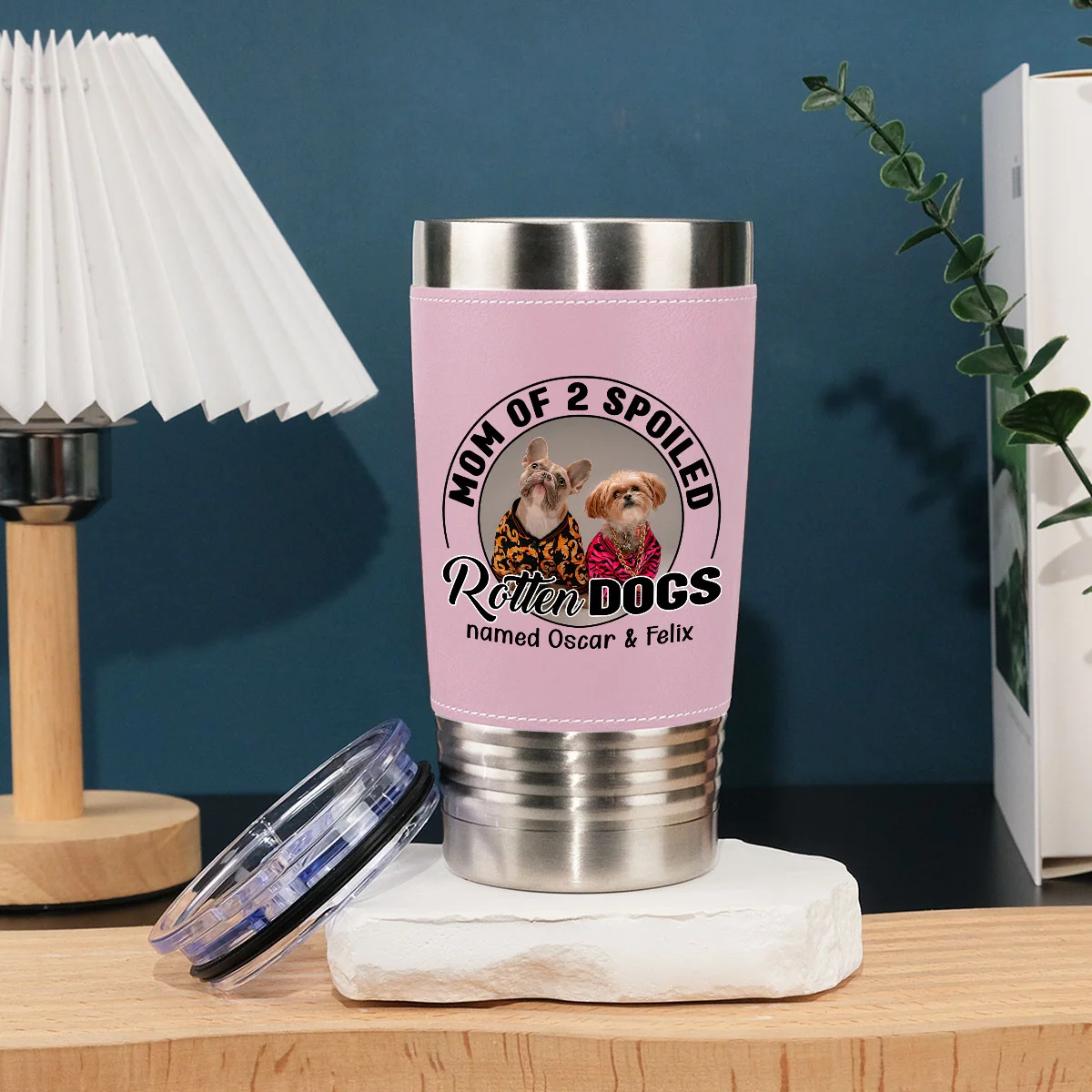 Mom Of A Spoiled Rotten Dog Photo - Personalized Custom Pink Leather Tumbler - Image 4