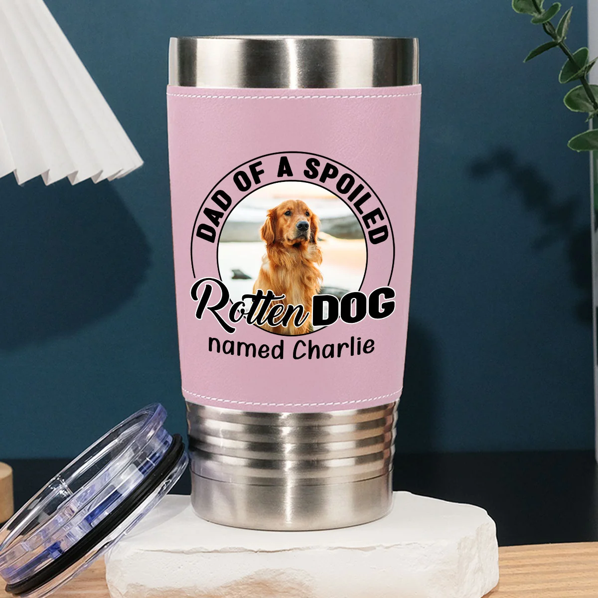 Mom Of A Spoiled Rotten Dog Photo - Personalized Custom Pink Leather Tumbler - Image 5