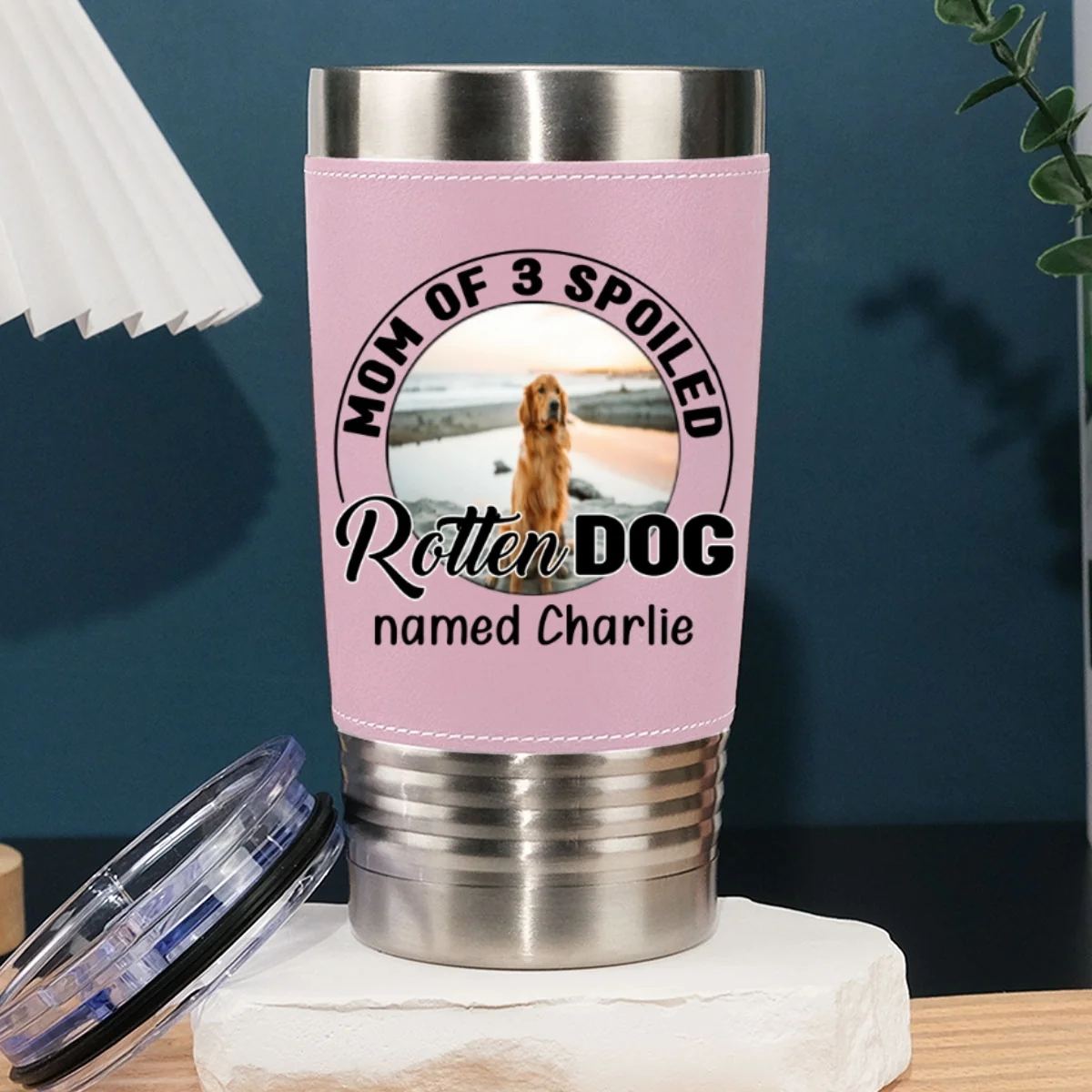 Mom Of A Spoiled Rotten Dog Photo - Personalized Custom Pink Leather Tumbler - Image 7