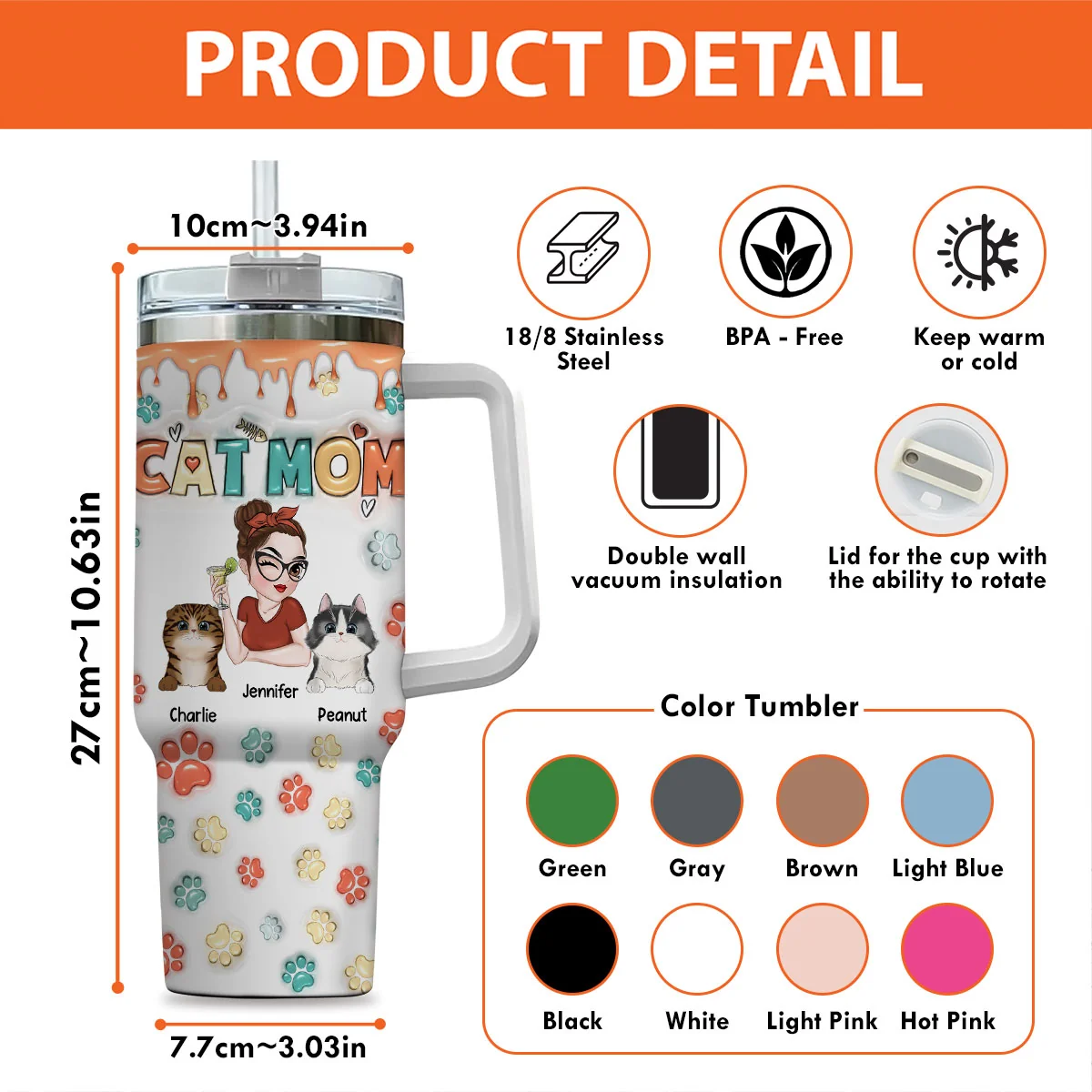 Mom Of Cats Ver 2 - Personalized Custom 3D Inflated Effect Printed 40 Oz Tumbler - Image 7