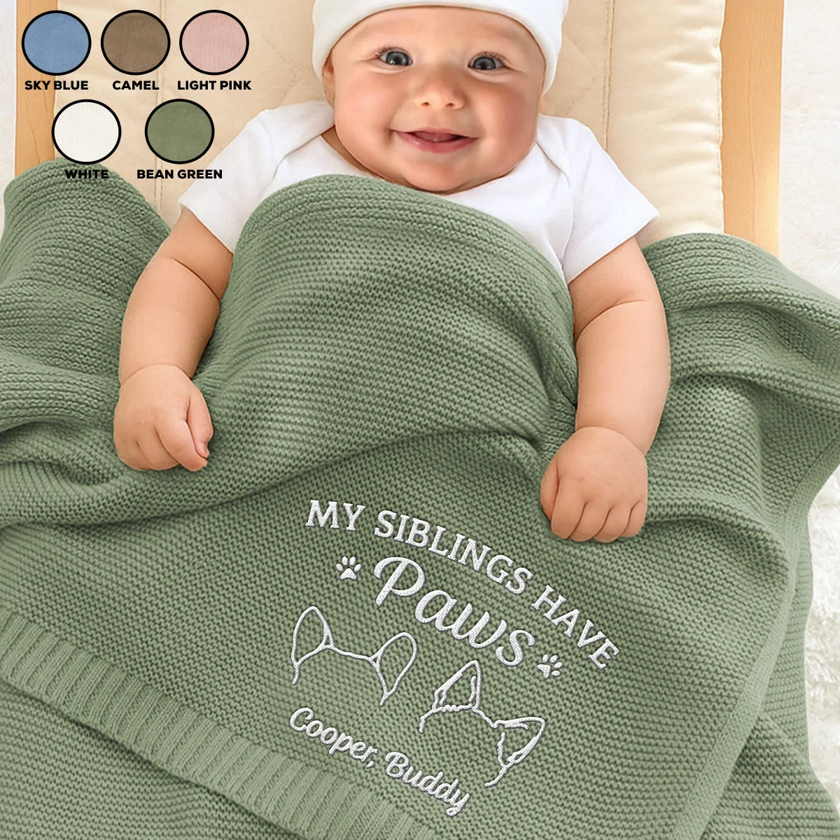 My Sibling Has Paws - Personalized Custom Embroidered Knitted Baby Blanket