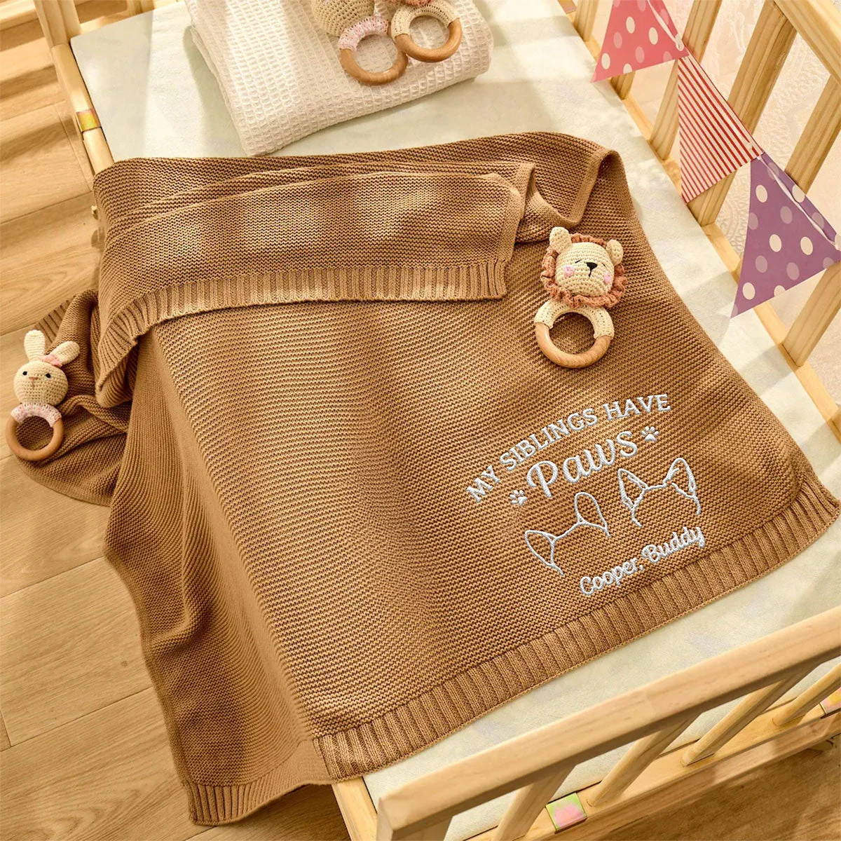 My Sibling Has Paws - Personalized Custom Embroidered Knitted Baby Blanket - Image 5