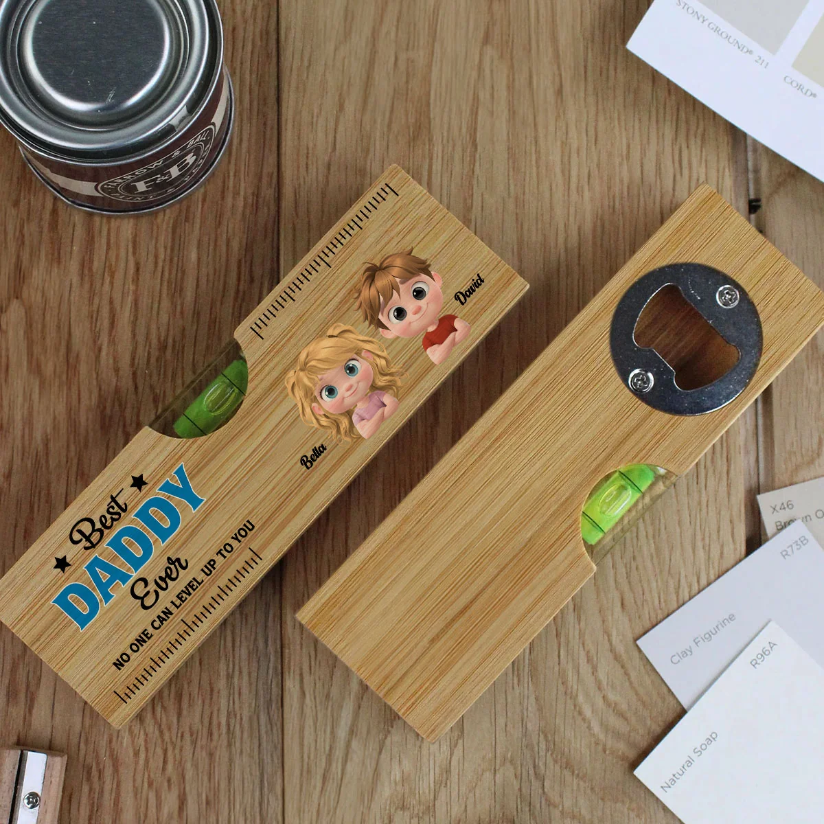 No One Measures Up To Dad - Personalized Custom Wooden Spirit Level Bottle Opener - Image 3