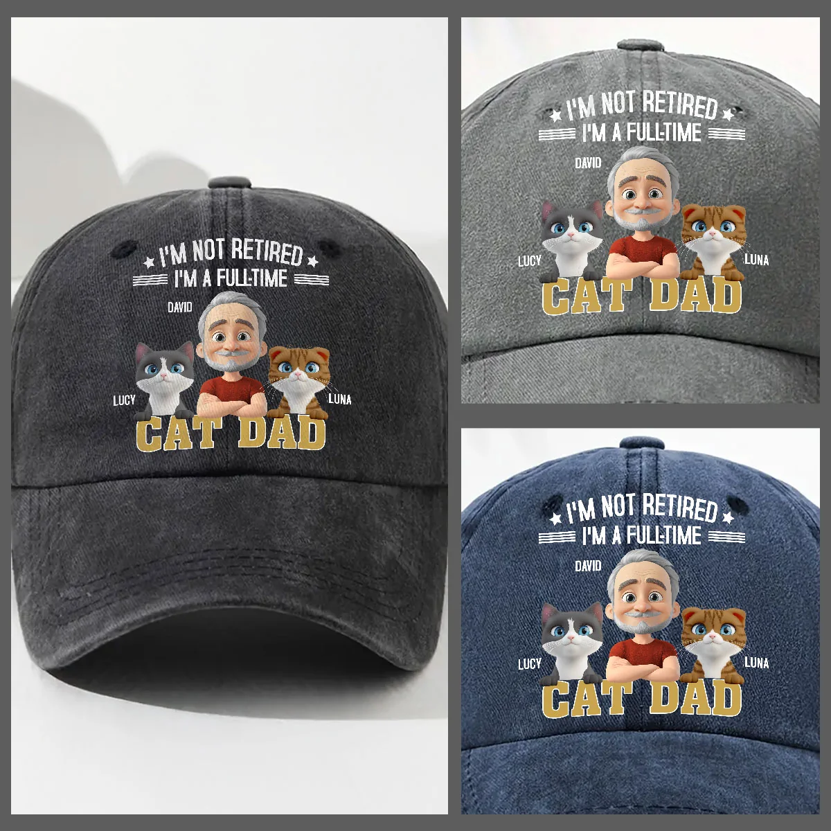 Not Retire Yet Cat Ver - Personalized Custom Vintage Washed Denim Cap - Image 3
