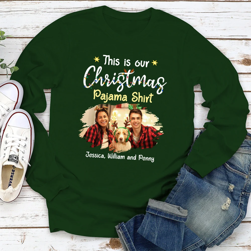 Pawjama Shirt Cartoon Christmas Ver Couple Photo - Personalized Custom Long Sleeve T-Shirt - Image 2
