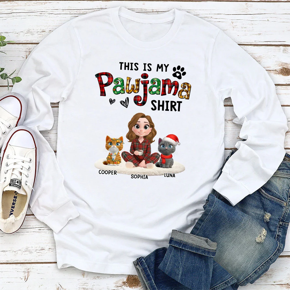 Pawjama Shirt Funny Cartoon Ver Cat - Personalized Custom Long Sleeve T-shirt - Image 2