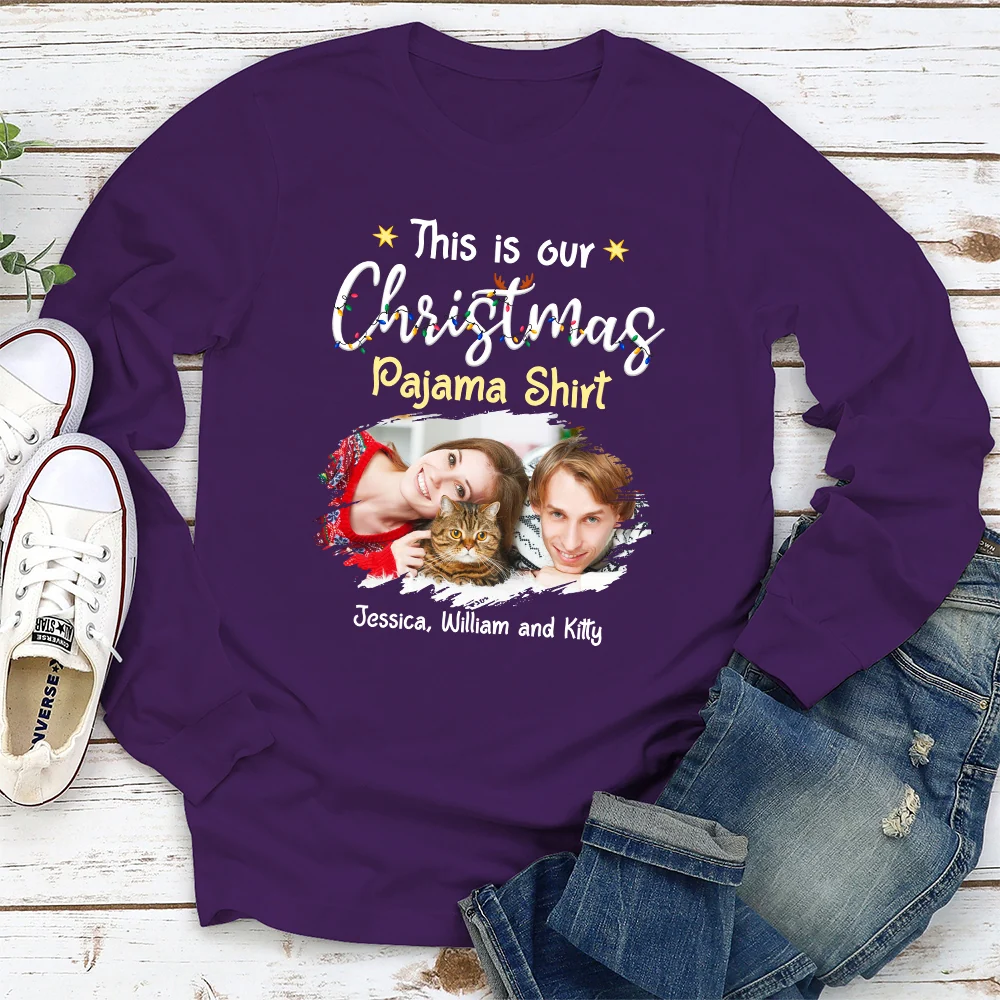 Pawjama Shirt Pet Christmas Ver Couple Photo - Personalized Custom Long Sleeve T-Shirt - Image 2