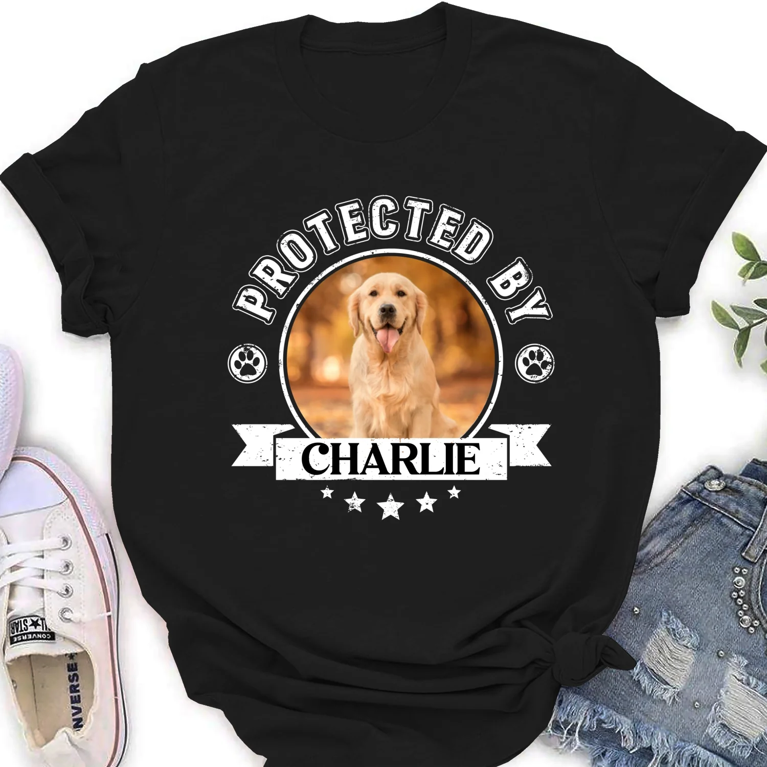 Protected By Human Dog Photo - Personalized Custom Women's T-Shirt - Image 3