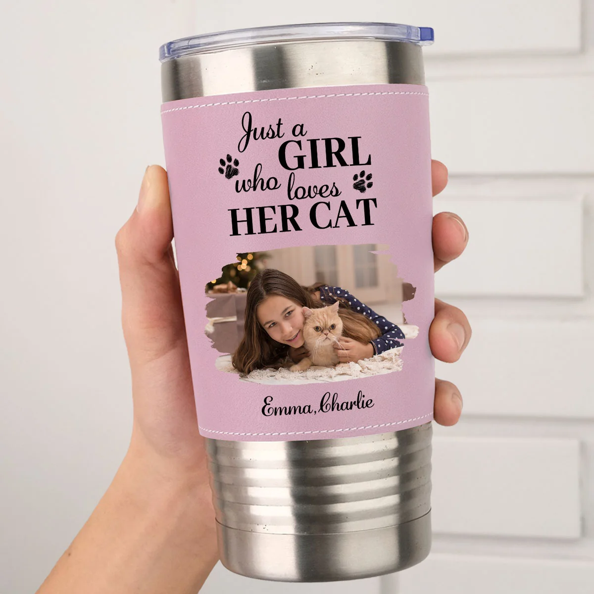 Pumskin Cat Autumn Photo - Personalized Custom Pink Leather Tumbler - Image 5