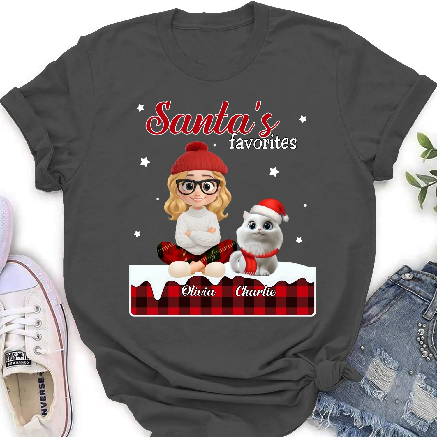 Santa Loves You So Do Cats - Personalized Custom Women's T-shirt - Image 9