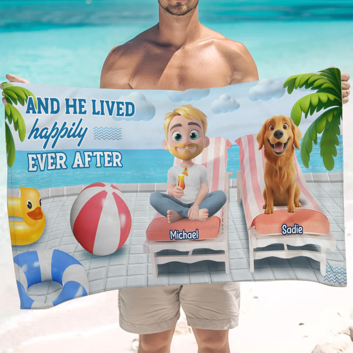 She Lived Happily With Her Dog - Personalized Custom Beach Towel - Image 3
