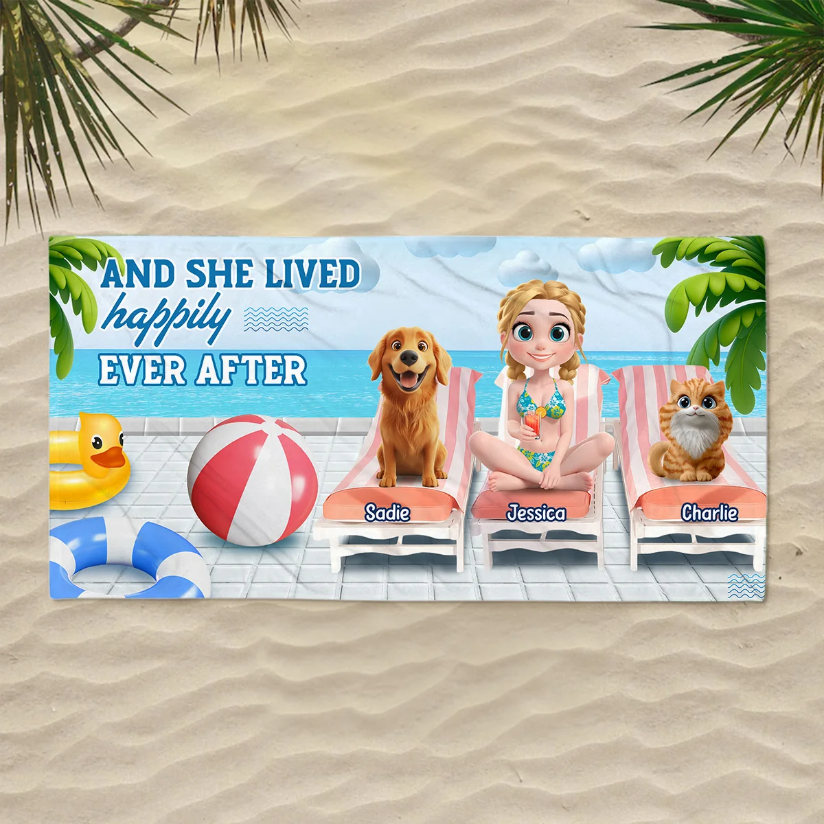 She Lived Happily With Pet - Personalized Custom Beach Towel - Image 2