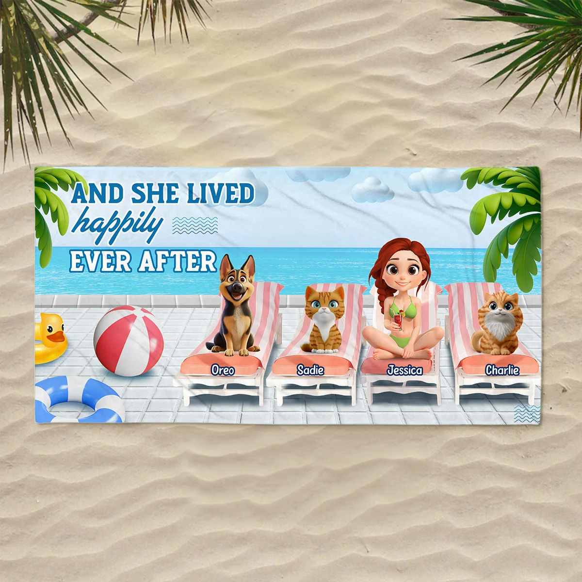 She Lived Happily With Pet - Personalized Custom Beach Towel - Image 5