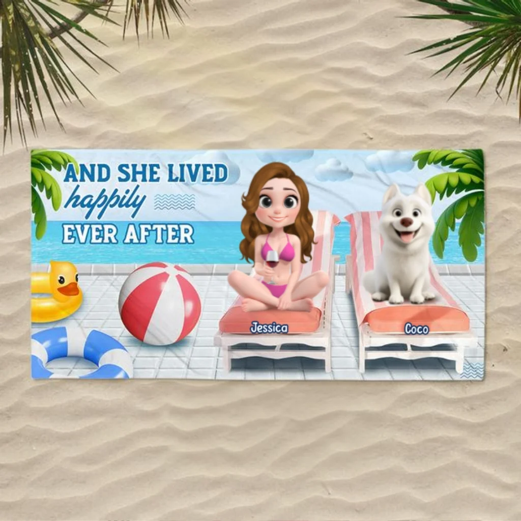 She Lived Happily With Pet - Personalized Custom Beach Towel - Image 7