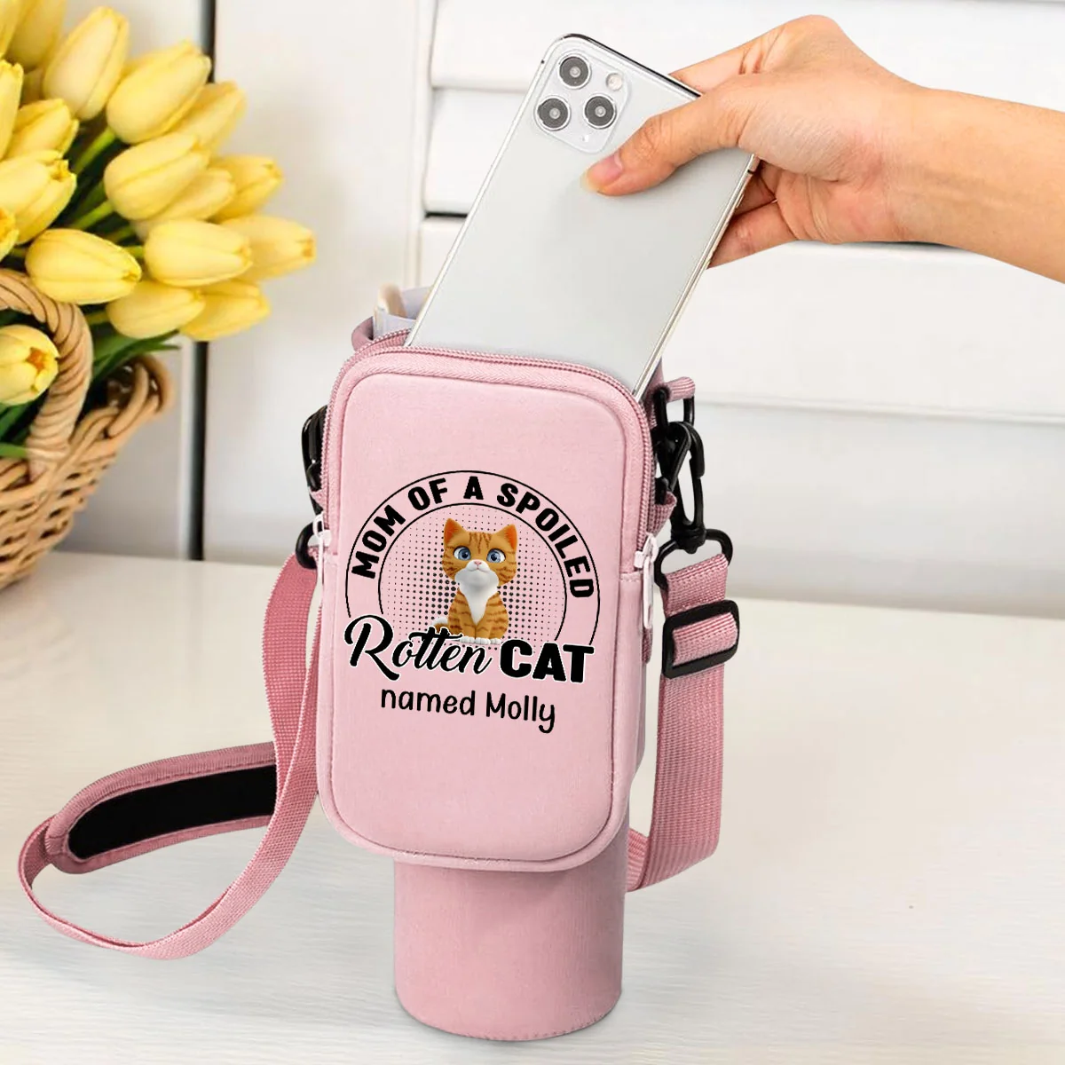 Spoiled Rotten Cartoon Cat - Personalized Custom Water Bottle Carrier Bag - Image 2