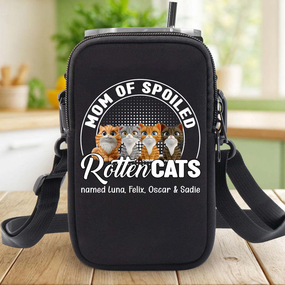 Spoiled Rotten Cartoon Cat - Personalized Custom Water Bottle Carrier Bag - Image 4