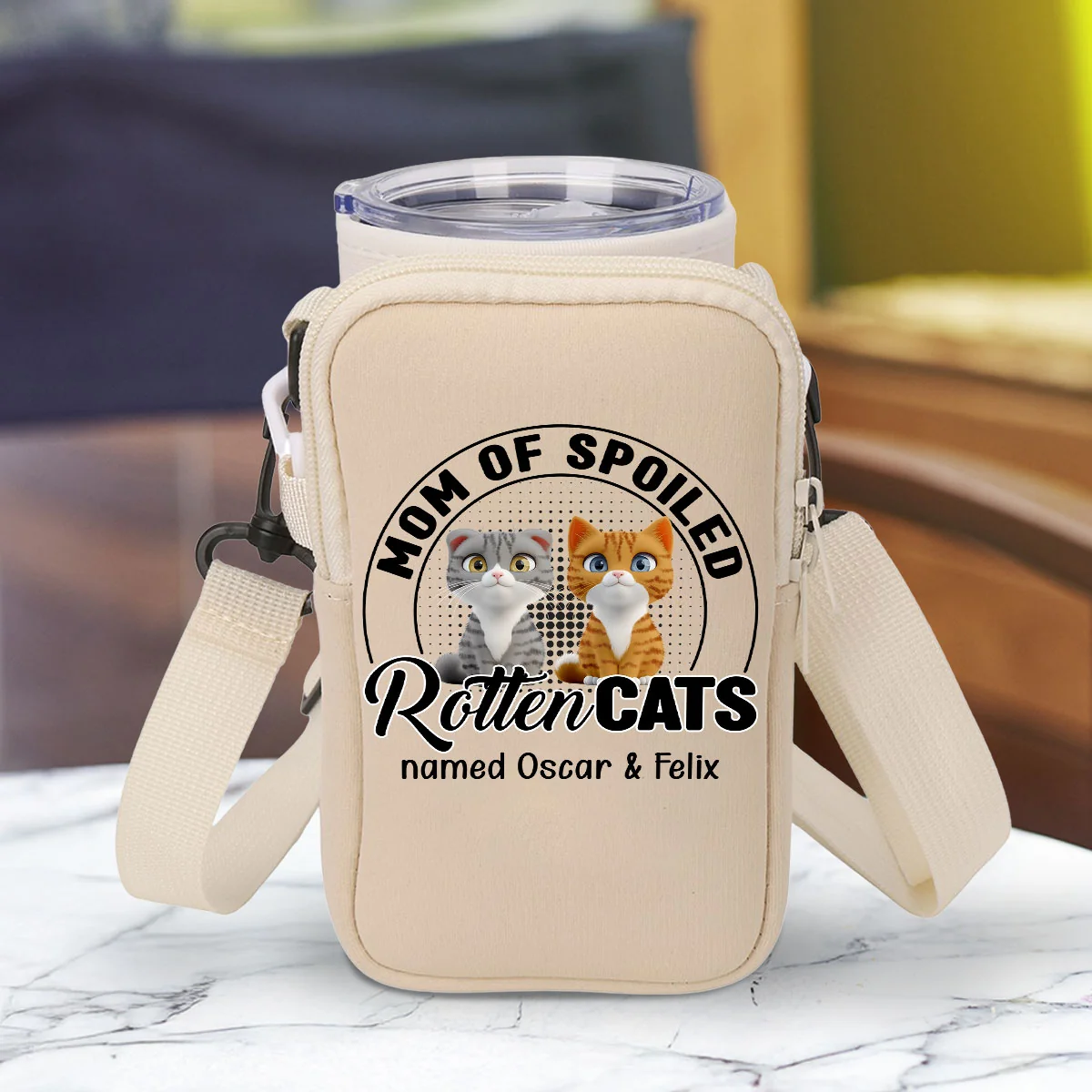 Spoiled Rotten Cartoon Cat - Personalized Custom Water Bottle Carrier Bag - Image 5