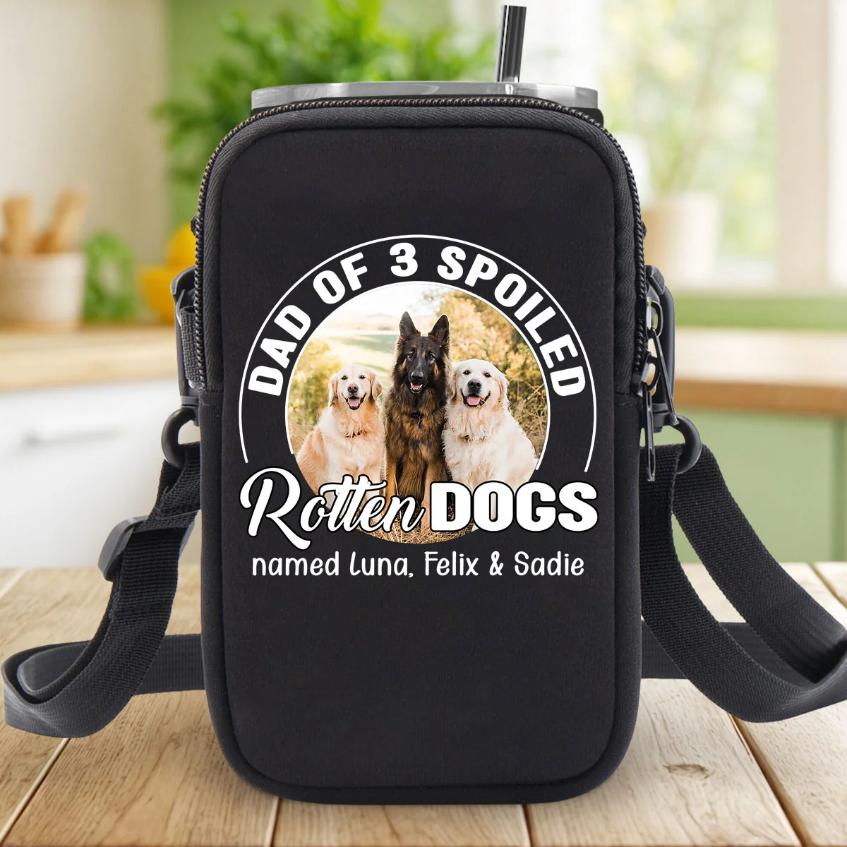 Spoiled Rotten Cartoon Dog Photo - Personalized Custom Water Bottle Carrier Bag - Image 5