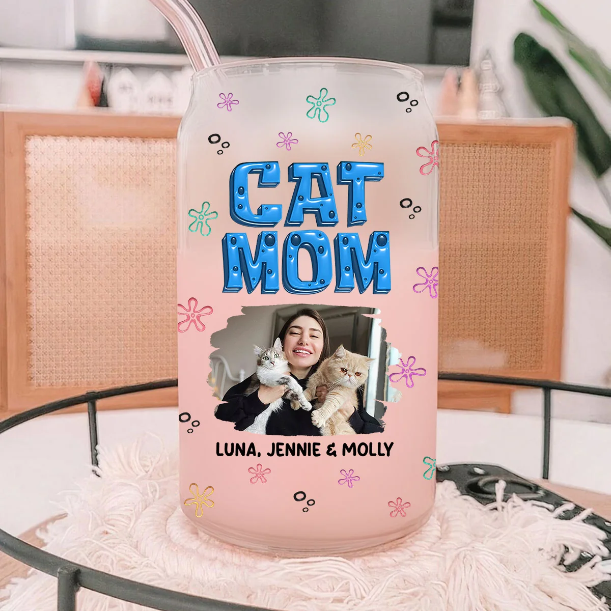 Sponge Cat Mom Photo - Personalized Custom Glass Can - Image 3