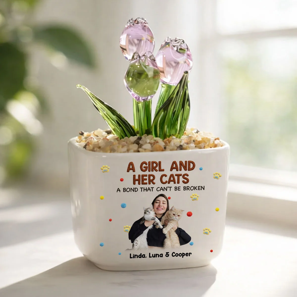 Stuffy Girl And Her Lovely Cats Photo - Personalized Custom 3D Effect Glass Everlasting Tulips - Image 2