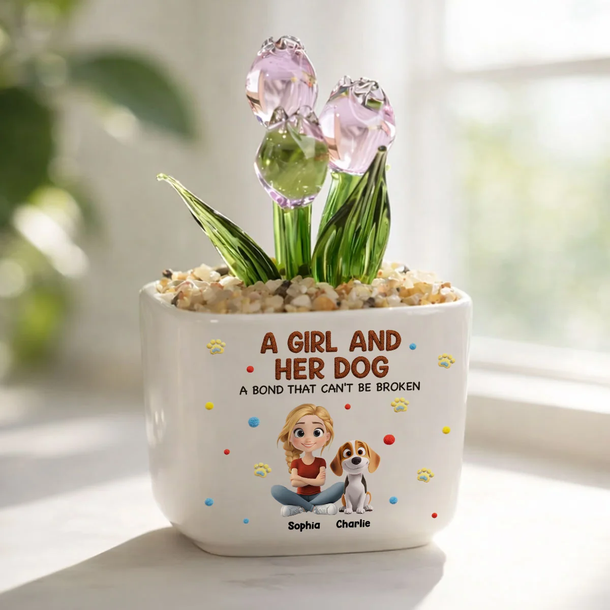 Stuffy Girl And Her Lovely Dogs - Personalized Custom 3D Effect Glass Everlasting Tulips - Image 3