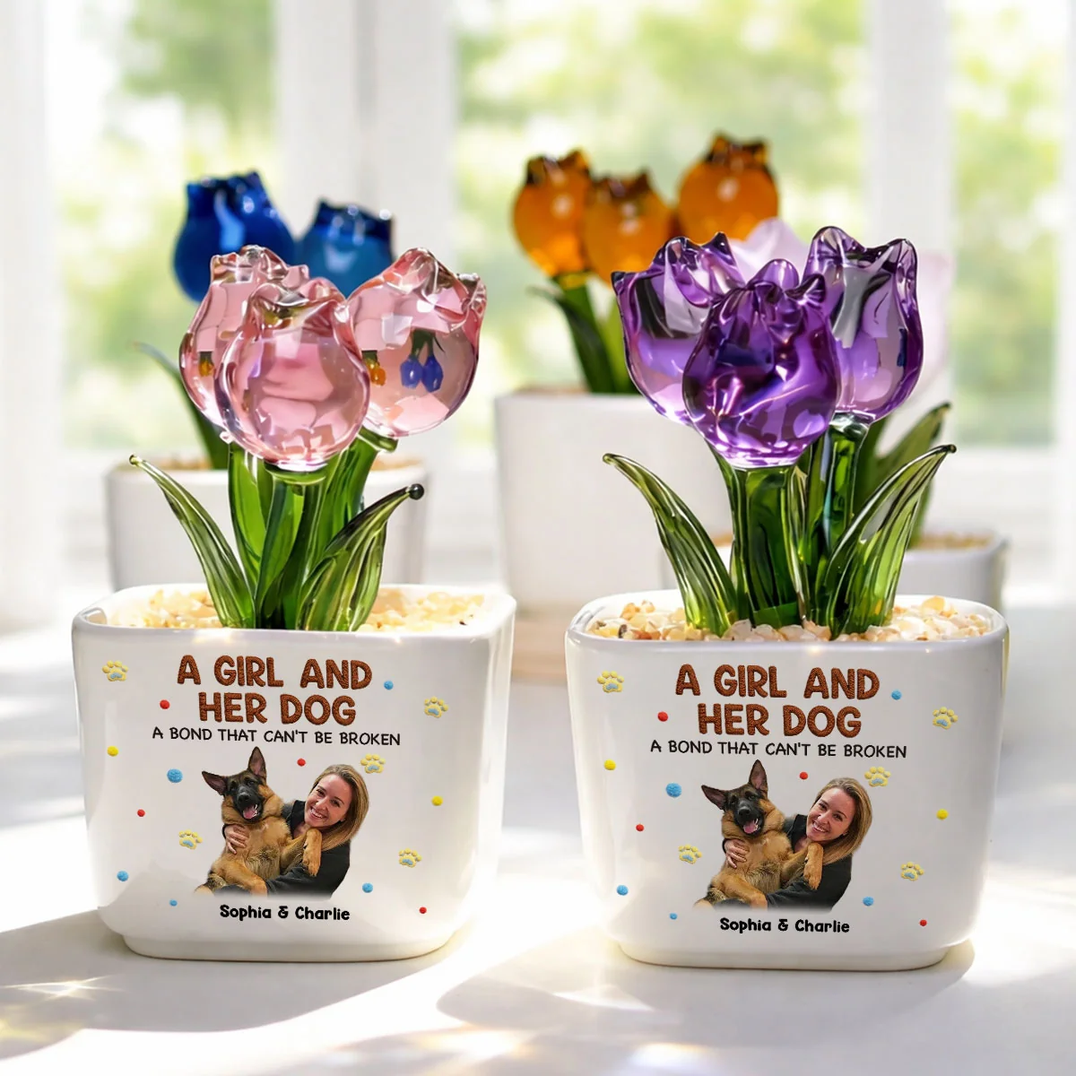 Stuffy Girl And Her Lovely Dogs Photo Version - Personalized Custom 3D Effect Glass Everlasting Tulips - Image 3
