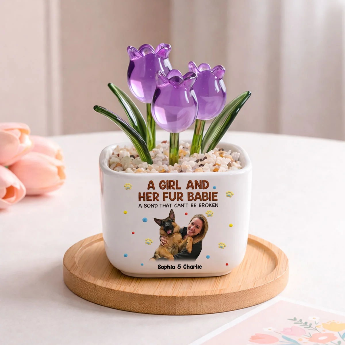Stuffy Girl And Her Lovely Pet Photo - Personalized Custom 3D Effect Glass Everlasting Tulips