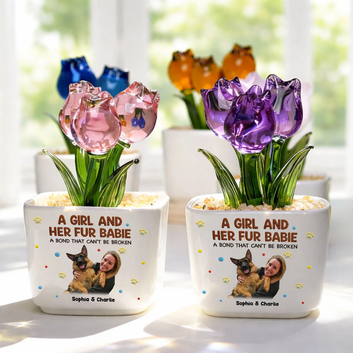 Stuffy Girl And Her Lovely Pet Photo - Personalized Custom 3D Effect Glass Everlasting Tulips - Image 3