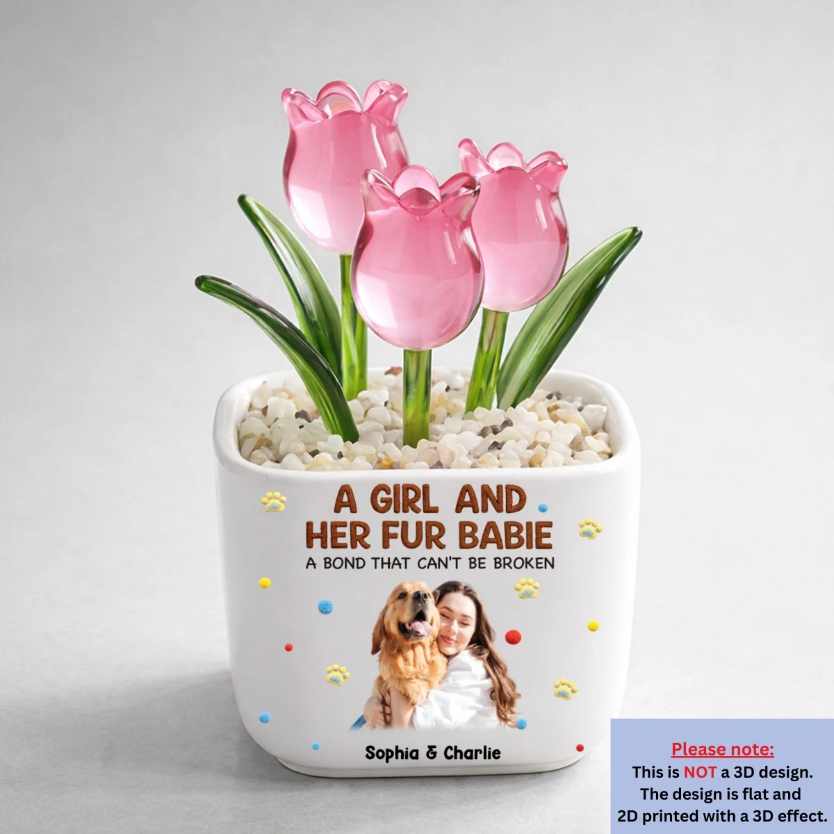 Stuffy Girl And Her Lovely Pet Photo - Personalized Custom 3D Effect Glass Everlasting Tulips - Image 6