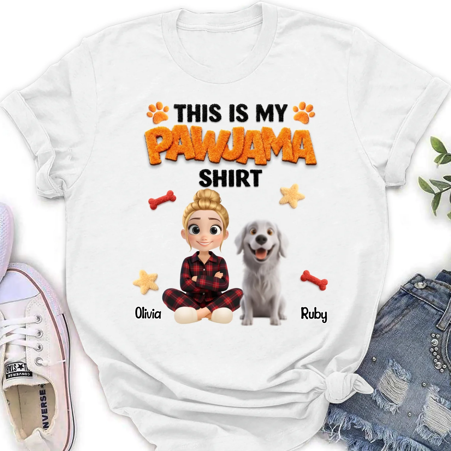 Stuffy Pajama Girl And Dog - Personalized Custom Women's T-shirt - Image 6