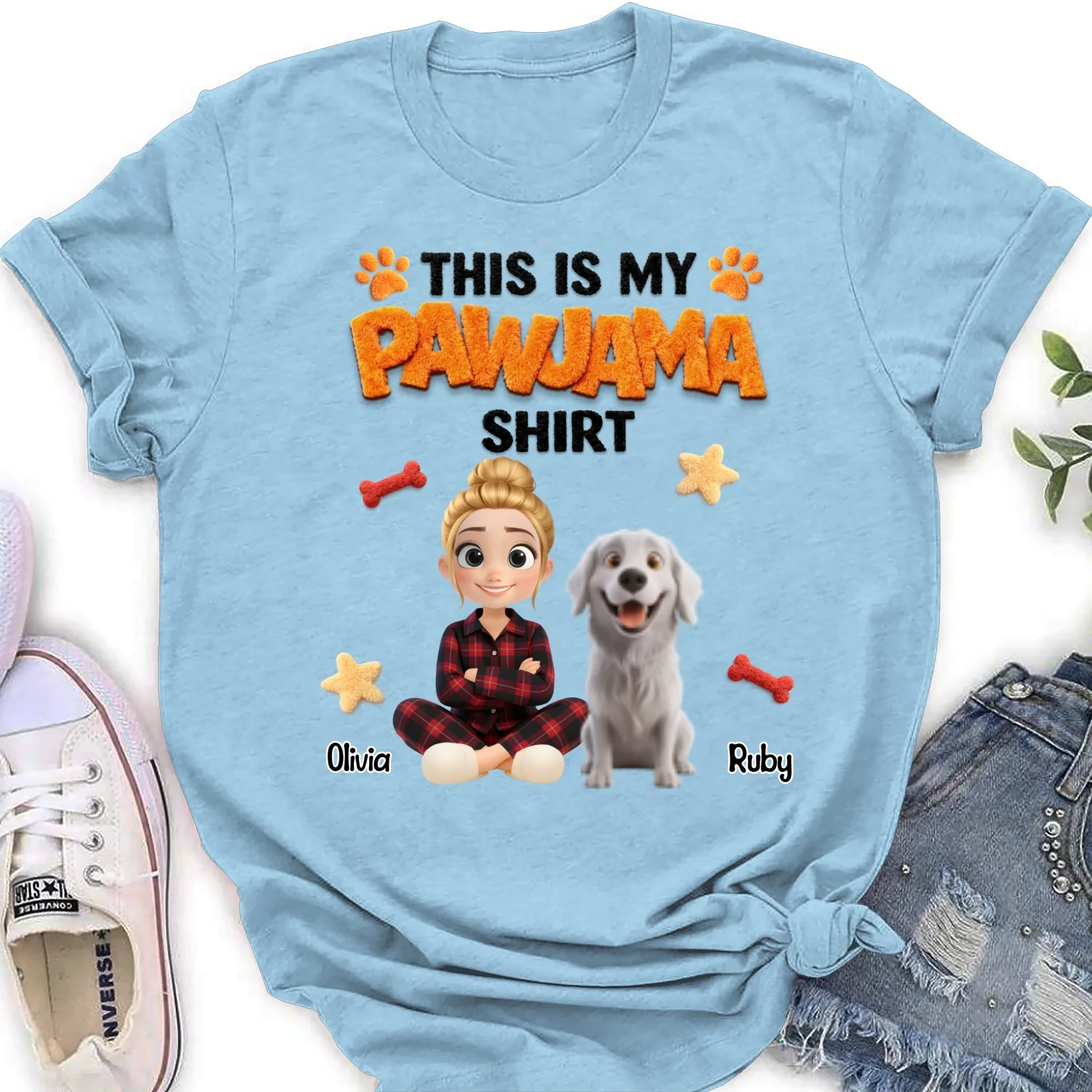 Stuffy Pajama Girl And Dog - Personalized Custom Women's T-shirt - Image 9