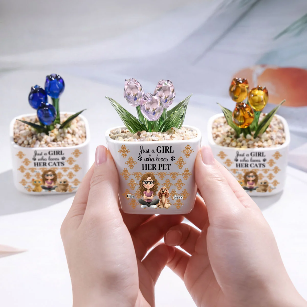 Summer Girl And Pet - Personalized Custom Glass Everlasting Tulips - Image 5
