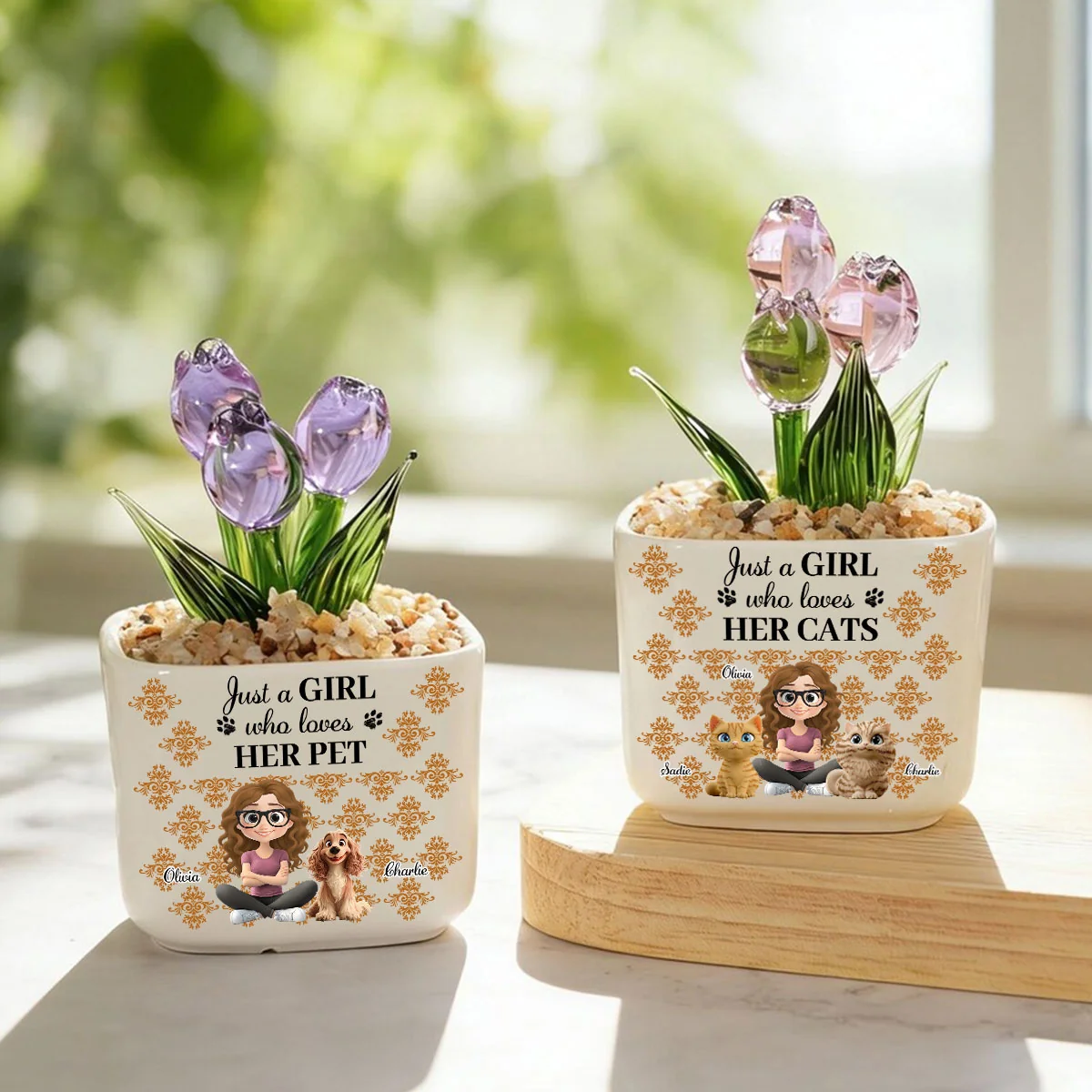 Summer Girl And Pet - Personalized Custom Glass Everlasting Tulips - Image 7