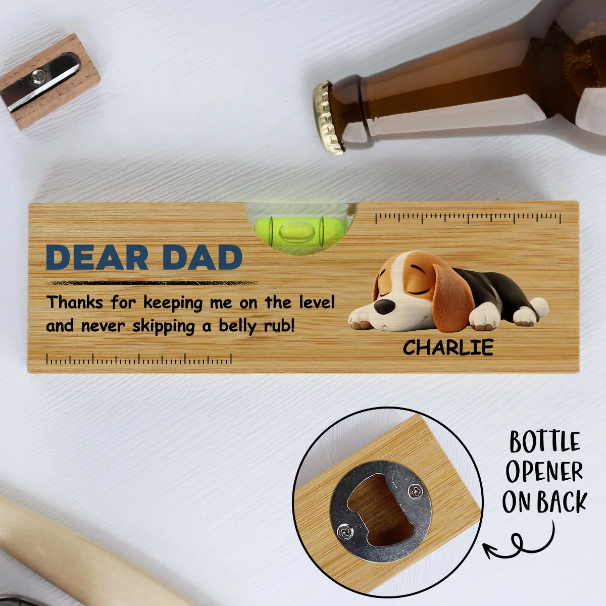 Thanks Dad For Never Skipping A Belly Rub - Personalized Custom Wooden Spirit Level Bottle Opener