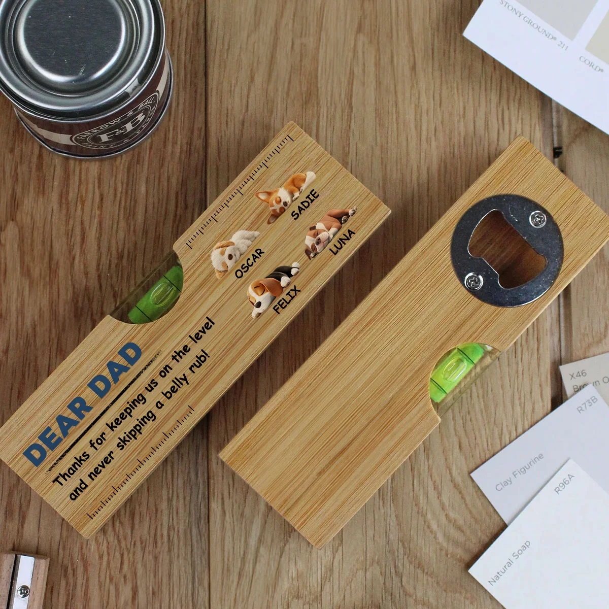 Thanks Dad For Never Skipping A Belly Rub - Personalized Custom Wooden Spirit Level Bottle Opener - Image 2