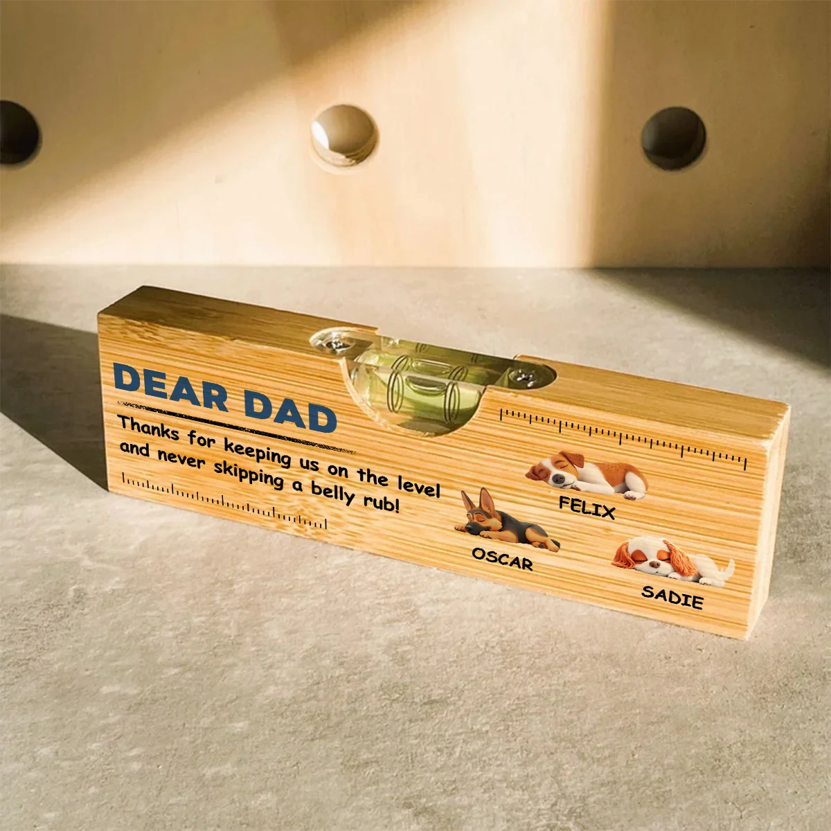 Thanks Dad For Never Skipping A Belly Rub - Personalized Custom Wooden Spirit Level Bottle Opener - Image 4