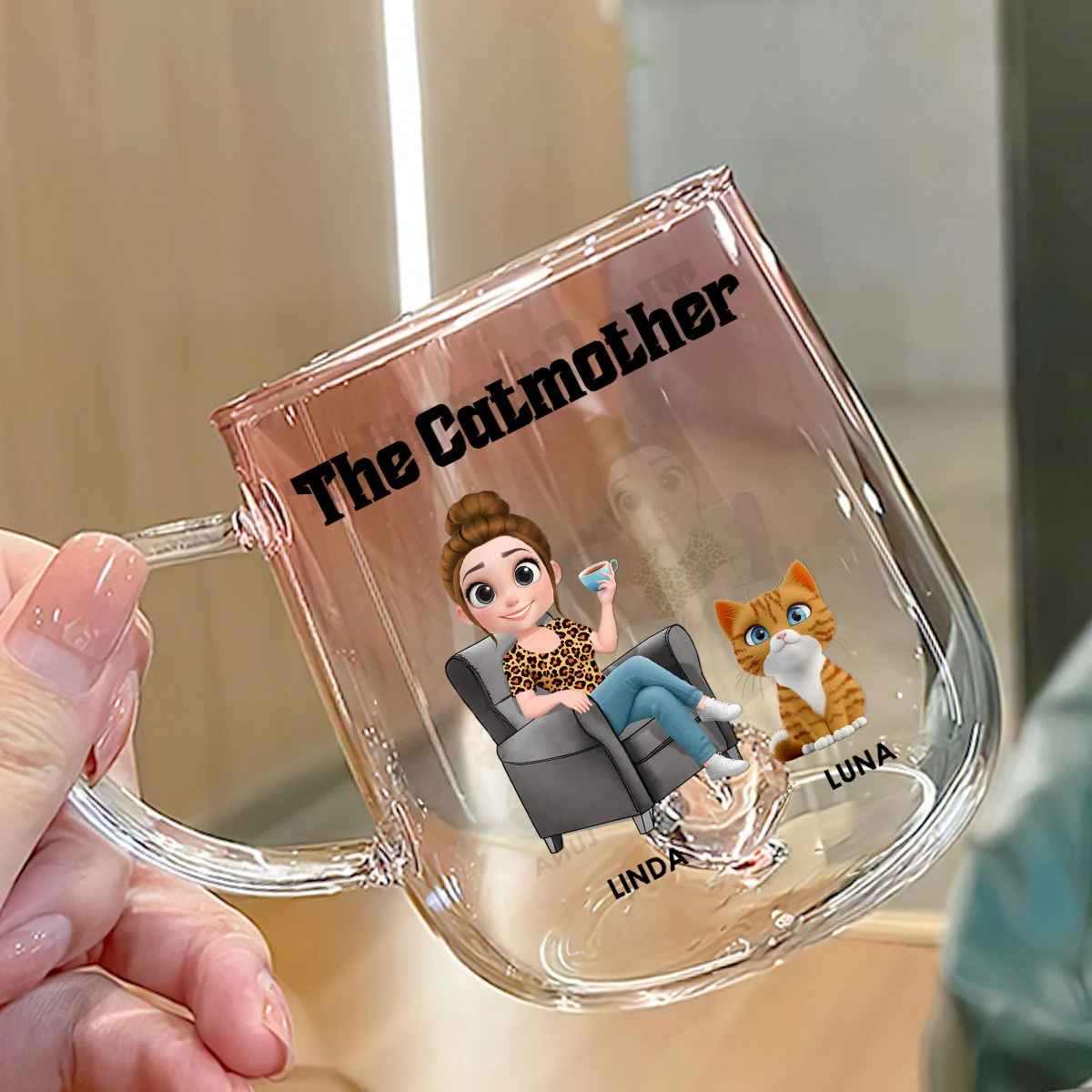 The Catmother Cartoon - Personalized Custom Pink Gradient Glass Mug - Image 2