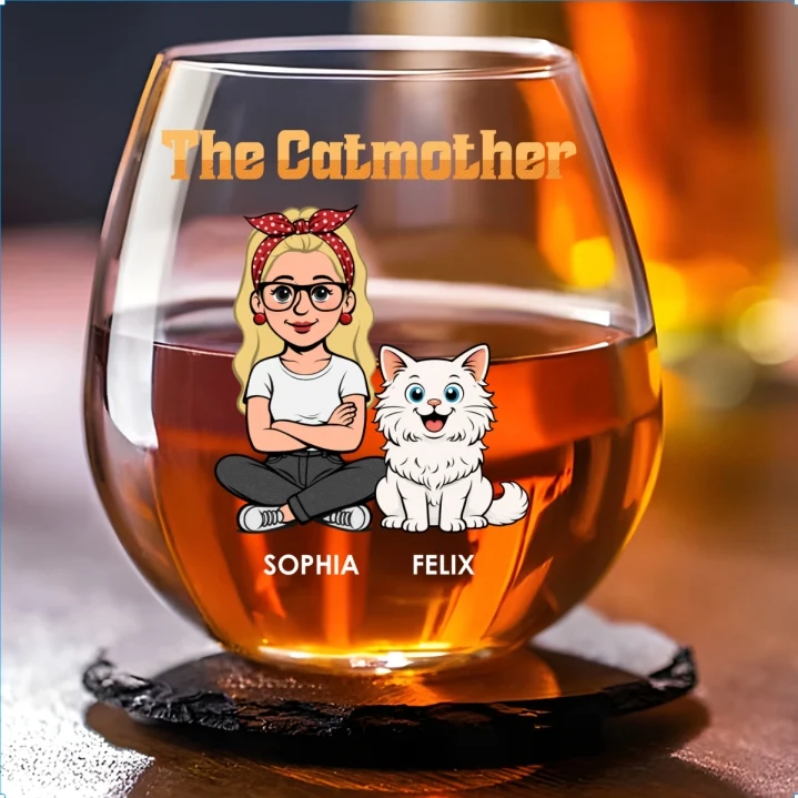 The Catmother Retro - Personalized Custom Wine Glass - Image 5