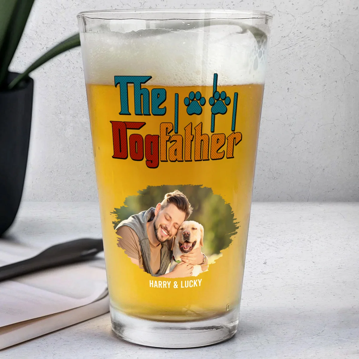 The Dog Father Retro Photo - Personalized Custom Beer Glass - Image 2