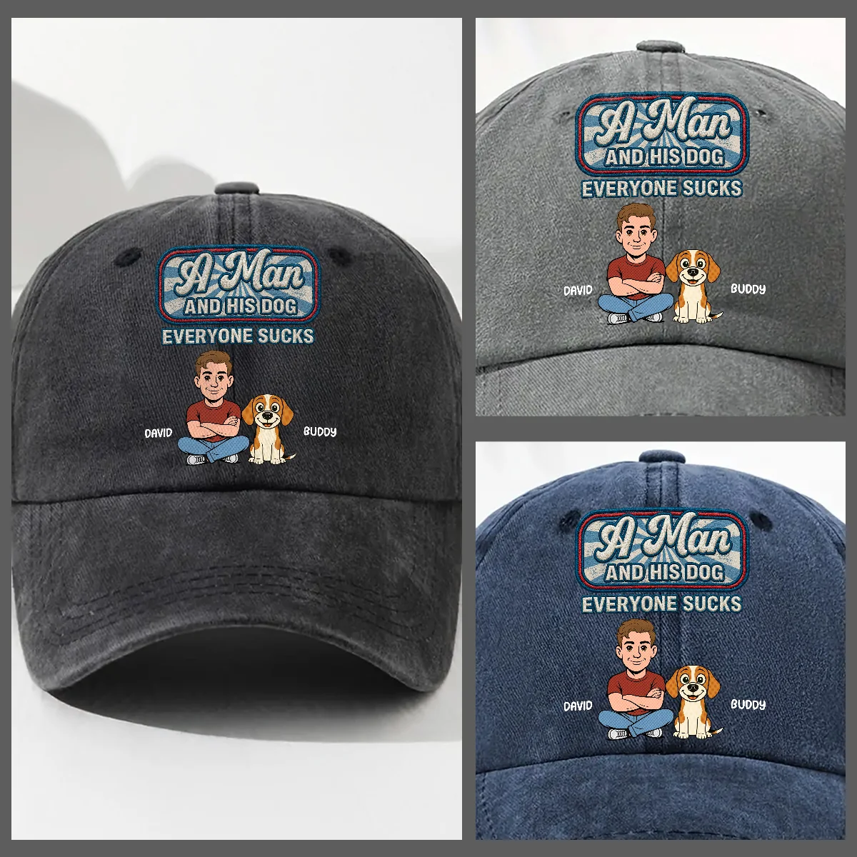 The Man And The Dog - Personalized Custom 3D Effect Vintage Washed Denim Cap - Image 5