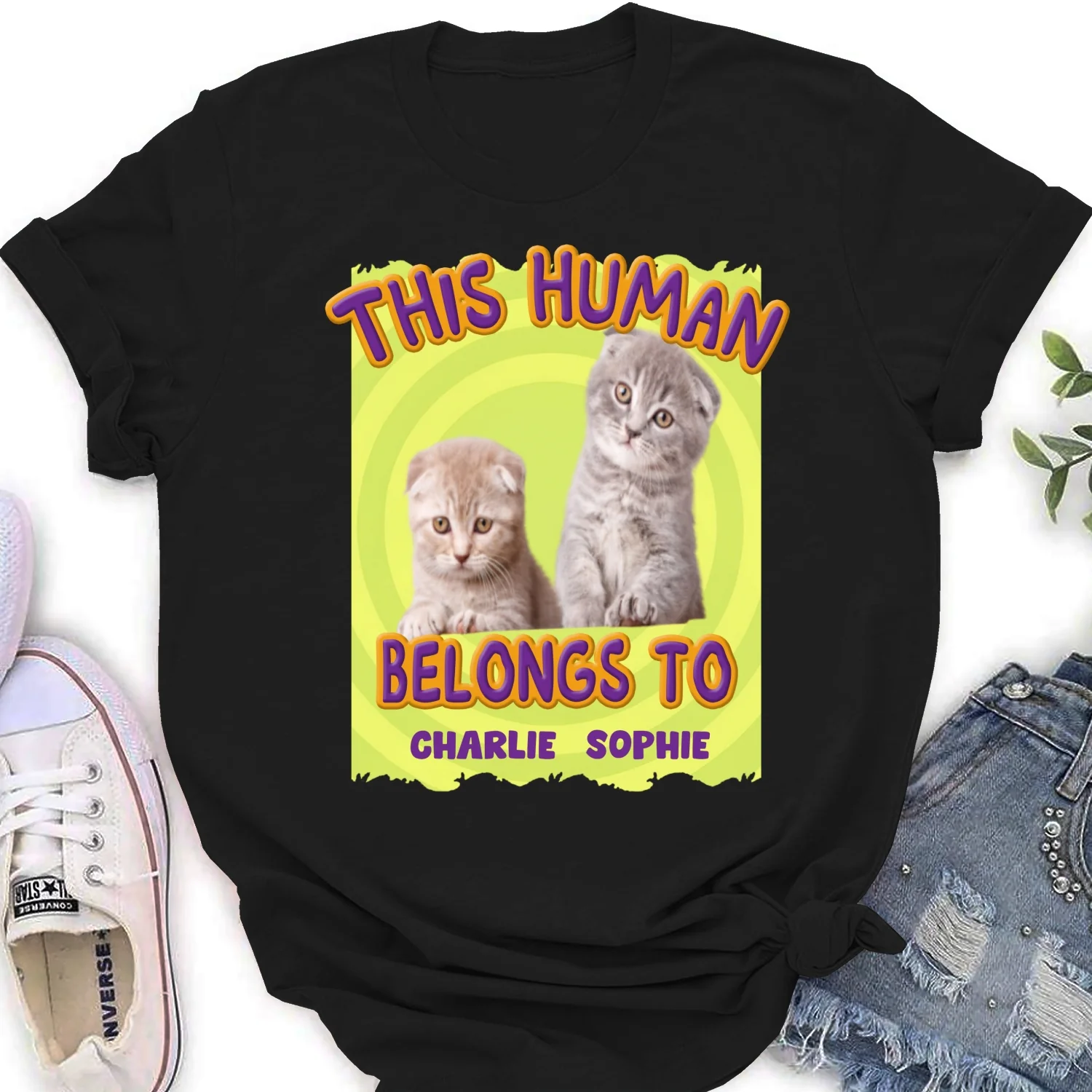 This Human Belongs To Our Cats Cartoon Photo - Personalized Custom Women's T-shirt - Image 6