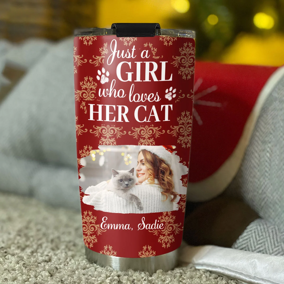 Toile Cat Cartoon Christmas Photo - Personalized Custom Tumbler - Image 3