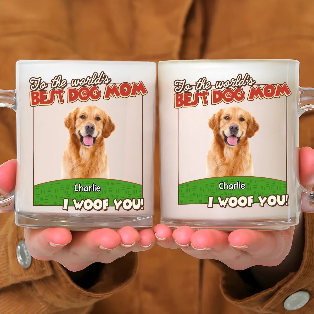 We Woof You Dog Mom Dad Cartoon Photo - Personalized Custom Glass Mug - Image 2